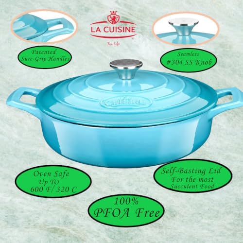 La Cuisine Enameled Cast Iron Braiser Sauté Pan Shallow Dutch Oven with Lid Internal Matt Black Enamel Coating 3.75 QT 11" / 28cm Ø, Oven-Safe 550°F/276°C, For GlassTop, Teal - Image 2