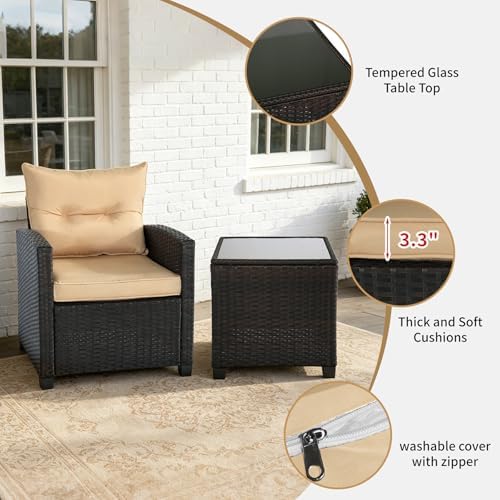 3 PCS Patio Wicker Conversation Set Sofa Table Set Beige Cushion - Image 6