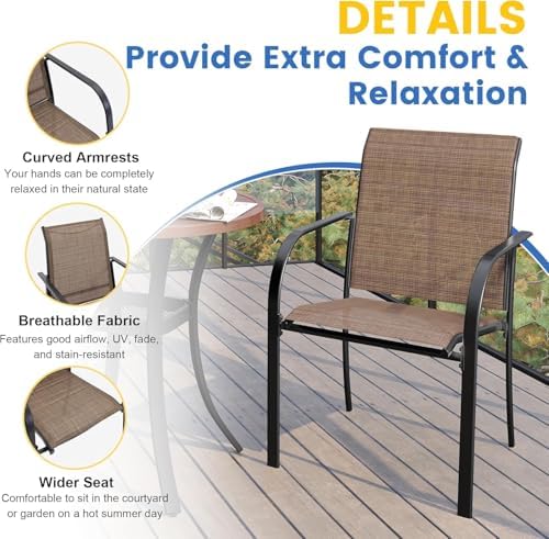 VICLLAX 5 Pieces Patio Dining Set for 4, Outdoor Furniture Set Includes 40.7" Round Patio Table and 4 Patio Stackable Chairs, Black Tabletop and Brown Fabric - Image 4