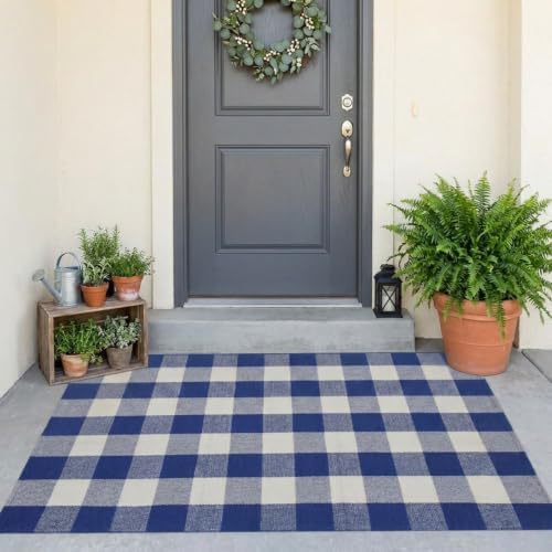 SEEKSEE Buffalo Plaid Outdoor Rug 3' x 5' Blue and White Front Door Mat, Layering Rug for Porch, Summer Doormat, Front Porch Rug for Outdoor Entrance Entryway Patio Porch Decor - Image 4
