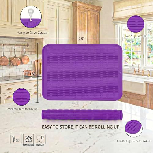 MicoYang Silicone Dish Drying Mat for Multiple Usage,Easy clean,Eco-friendly,Heat-resistant Silicone Mat for Kitchen Counter or Sink,Refrigerator or Drawer Liner Purple 3XL 28 inches x 18 inches - Image 2