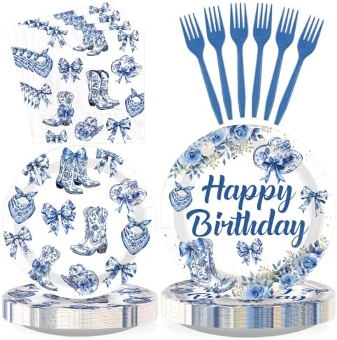 96Pcs Blue Chinoiserie Western Cowgirl Party Decoration Serves 24 by Greencian