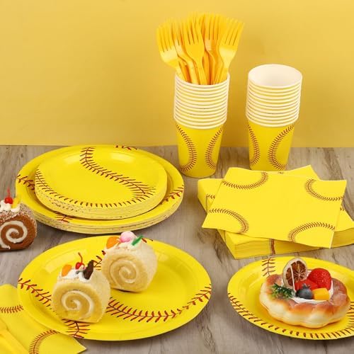 Kochorie 144 Pieces Softball Paper Plates and Napkins Sports Party Tableware Sets Including Disposable Paper Plates Napkins Cups Forks Serves 24 for Birthday Sports Softball Party Decorations - Image 4
