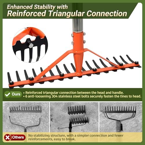 62 Inch Garden Rake with 17 Tempered Spring Steel Tines - Image 4