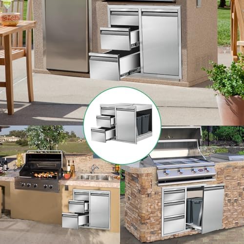 Outdoor Kitchen Door Drawer Combo Cabinet, 28" x 22" x 19.5" Right Trash Drawer Combo Cabinet & Built-in Triple Drawers for Patio Grill Station, Outdoor Kitchen Island - Image 6
