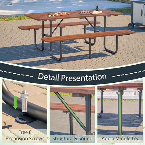 72" Rectangular Outdoor Picnic Table - 6 Person Brown Wooden Dining Set with Built-in Benches, Ideal for Garden BBQ & Courtyards - Image 6