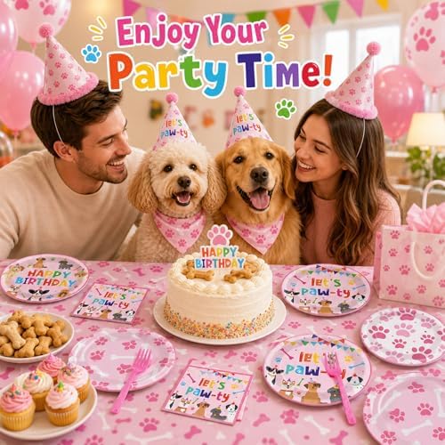 96 Pcs Puppy Birthday Party Decorations Pink Dog Plates and Napkins Dog Paw Party Paper Plates Dinnerware Set Lets Pawty Theme Tableware for Girls Serve 24 Puppy Pet Paw Print Birthday Supplies Pawty - Image 7