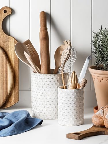 LE TAUCI Kitchen Utensil Holder for Countertop - 7.1"+5.4" Ceramic Utensil Crock Set of 2, Large Cooking Utensil Organizer for Spatula, Spoon, Whisk - Farmhouse Storage, Embossed, Clover - Image 6