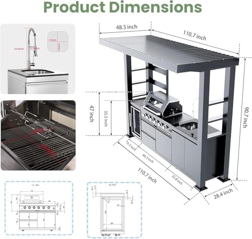 110" Outdoor Kitchen Island with 4-Burner 72000 BTU,Heavy-Duty Gas Grill with Side Burner,Rotisserie Oven,Galvanized Steel Roof,Granite Countertops,Refrigerator,Storage Cabinets,Sink.(Natural Gas) - Image 2