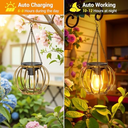 KOOPER Solar Lanterns Outdoor Waterproof, Upgraded Bronze Metal Hanging Solar Lights Outdoor Lanterns, Brighter Auto On/Off Outdoor Hanging Lantern for Yard Patio Pathway Porch Garden Decor 2 Pack - Image 2