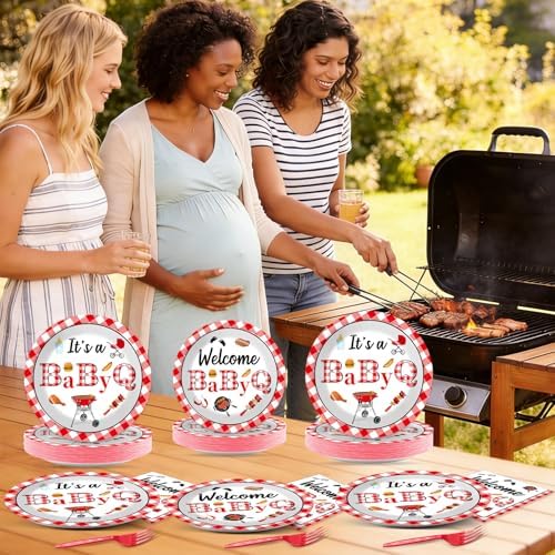 96PCS BabyQ Party Paper Plates and Napkins BBQ Themed Baby Shower Party Decoration Barbecue Tableware Set Disposable BBQ Supplies for Gender Reveal Summer Picnic BabyQ Birthday Gatherings Decorations - Image 7