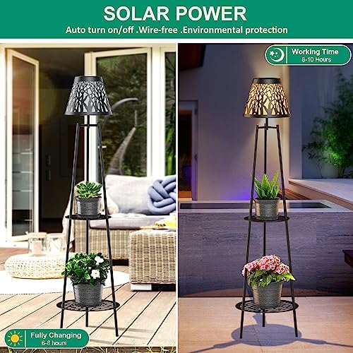 MXwcy 2-Tier Solar Plant Stand with Light, Outdoor Waterproof Floor Lamp with Tree Branch Cutout Lampshade, Tall Metal Planter Holder Display Rack for Patio, Porch, Garden, Balcony Decor (2 Pack) - Image 2