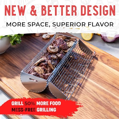 SHIZZO Extra Sturdy Rolling Grill Basket, Removable Handle, Set of 2 - Image 4