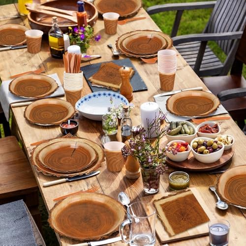 200 Pieces Camping Wood Grain Slice Party Supplies Set Paper Plate Cup Napkin for Camping Woodland Baby Shower Lumberjack Birthday Featuring a Round Wooden Slice Die Cut Edge Design Serve 25 - Image 5