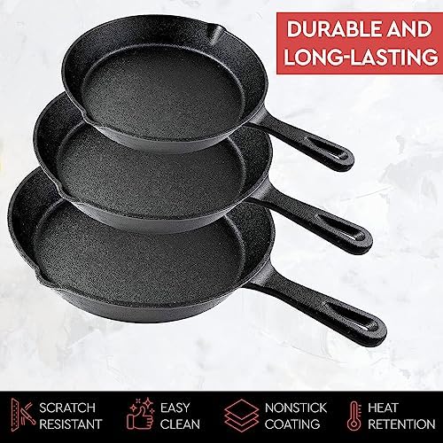 Cast Iron Skillet 3-Piece Set - Heavy-Duty Professional Restaurant Chef Quality Pre-Seasoned Pan Cookware Set - 10", 8", 6.2" - Frying, Saute, Cooking, Pizza & More, Charcoal Grey - Image 3