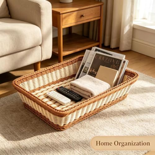 RT&BS 2pcs Wicker Bread Basket for Serving, Wicker Fruit Basket, Display Baskets for Vegetable Fruit, Reusable Handwoven Serving Baskets for Kitchen, Store, Restaurant, Outdoor (Bicolor, M) - Image 6