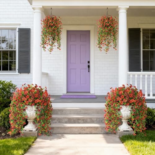 ZFProcess Artificial Hanging Flowers for Outdoors, 2 Pcs Fake Hanging Plant Spring Summer Decor, UV Resistant No Fade Realistic Faux Flower for Front Door Porch Planter Patio Garden Yard(Red Brown) - Image 4