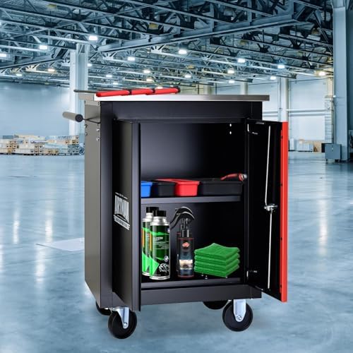 Double-Door Heavy-Duty Rolling Steel Tool Cart with Handle&Wheels, Metal Storage Organizer Cabinet, Tool Chest for Efficient Tool Storage in Garage, Warehouse, Workshop, Repair Shop, Black&RED - Image 2