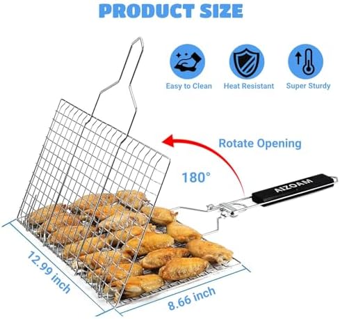 Shallow Grill Basket Fish Grill Basket, Fish Grilling Basket BBQ Fish Grill Baskets for Outdoor Grill,Grill Basket with Removable Handle. Perfect for Grilling Fish Fillets - Image 3