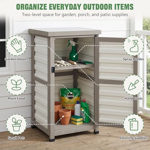 Ketive Outdoor Storage Cabinet, 33.5" H Compact Patio Storage Cabinet with Plastic Door Panels, Wood-Style Frame, 2-Tier Outdoor Organizer for Porch, Balcony, Backyard, Garden Supplies, Gray & White - Image 6