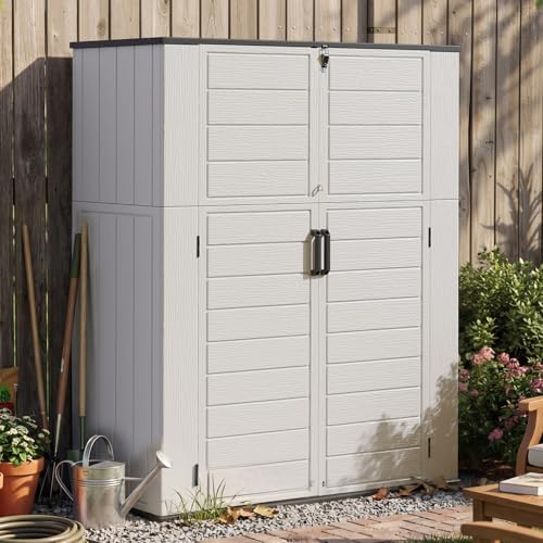 Aoxun 61 Cu.Ft Outdoor Storage Shed, Widened Outdoor Storage Cabinet Waterproof Vertical Resin Shed with Floor for Garden Tools, Pool Equipment, Easy to Assemble(White&Grey) by Aoxun