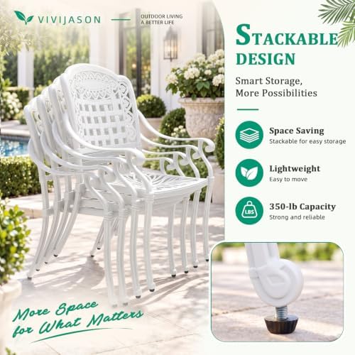 VIVIJASON 5-Piece Patio Furniture Dining Set, All-Weather Cast Aluminum Outdoor Conversation Set, Include 4 Chairs and 1 Round Table w/Umbrella Hole for Balcony, Lawn, Garden, Backyard, White - Image 5