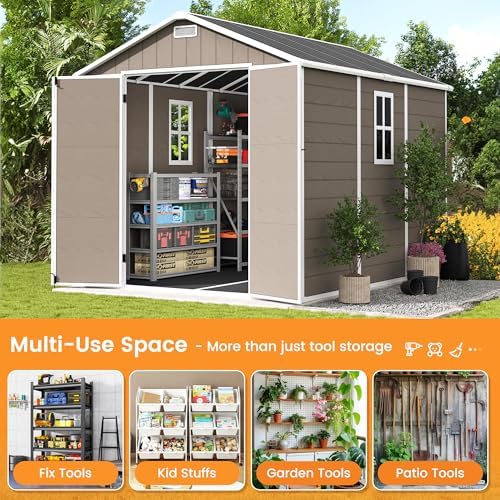 UDPATIO Outdoor Resin Storage Shed 8 x 10 FT, Plastic Storage Shed with Floor Large Outdoors Garden Tool Storage Shed Outside Clearance Shed with Lockable Door for Bike, Backyard, Patio, Brown - Image 6