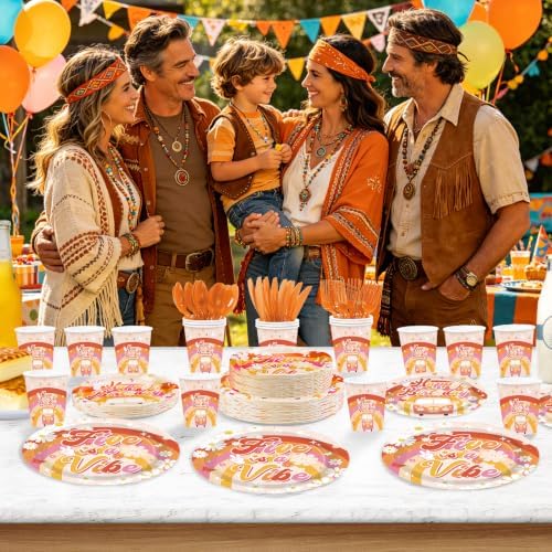168Pcs Five Is a Vibe Birthday Party Decorations Groovy 5th Birthday Plates and Napkins Hippie Daisy Tableware Set for Girls Boho 5 Years Old Party Supplies Serves 24 - Image 6