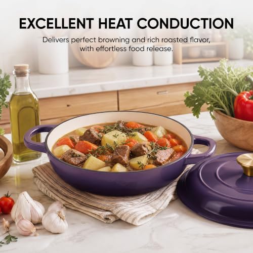 Dutch Oven Enameled Cast Iron with Lid - Big Dual Handles - Oven Safe up to 500°F - Classic Round Pot for Versatile Cooking 3 QT Shallow Pot Purple - Image 5