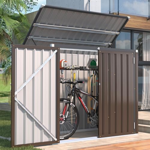 AECOJOY Outdoor Trash Can Storage Shed, 46 Cu.Ft Metal Garbage Bin Enclosure with Lift-Up Lid & Gas Strut, Waterproof Outdoor Garbage Can Organizer, Bike Shed Backyard Patio Garden, Brown - Image 5