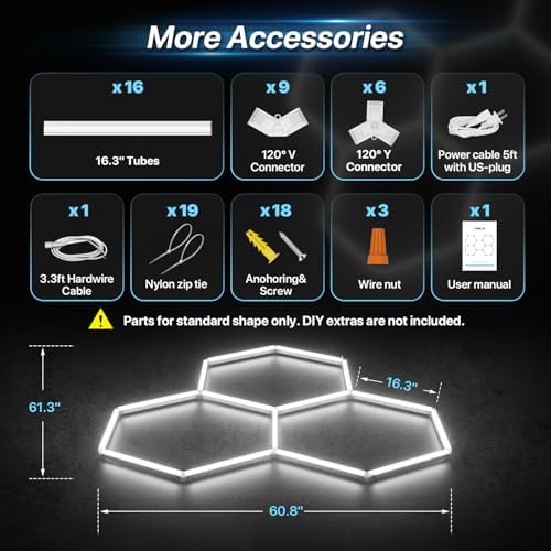 HYPERLITE Gen II Hexagon LED Lights: 105W 10500LM 3 Grids DIY Hexagon Led Lights, 6500K Ultra Bright, Easy Install, Durable Design for Garage, Car Detailing, Workshops, Basement, Gym - Image 6