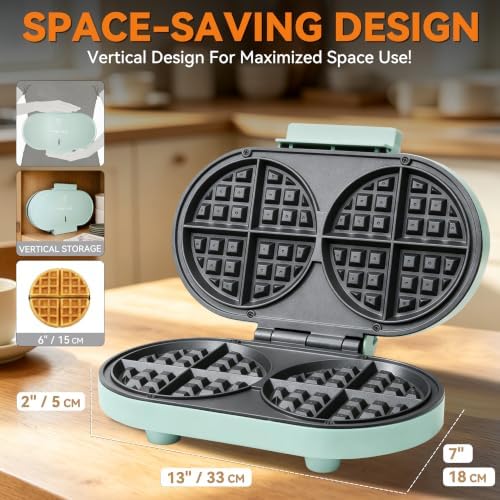 Baker’s Friend Double Belgian Waffle Maker Thick, 2 X 6” Round Waffle Maker, Belgium Waffle Iron, Waflera Electrica with Non-stick Plates, 1200W, Perfect for Kids & Family Breakfast, Aqua - Image 5