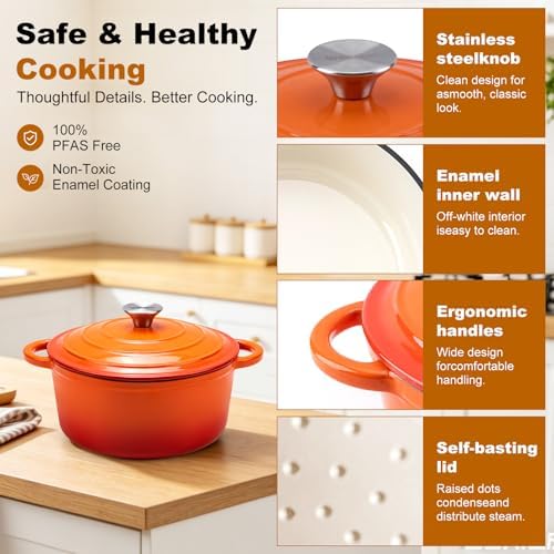 Enameled Cast Iron Round Dutch Oven -7QT Pot With Lid,Orange - Image 6