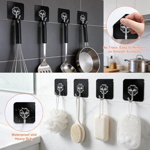 DDMY Heavy Duty Adhesive Hooks for Hanging 50lb(Max) Black Wall Hooks with Strong Sticky,No Damage Removable Hook Waterproof & Reusable for Bathroom, Kitchen, Shower, Outdoor Decor -8 Pack - Image 4
