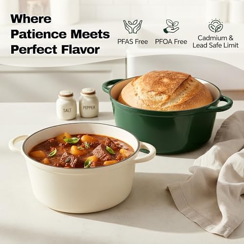 6 Quart Dutch Oven Pot with Lid, Non Stick Enameled Cast Iron Dutch Oven for Bread Baking, Heavy-Duty, Oven Safe Ceramic Cookware Up to 500°F for Baking, Braising, Stews, Roasting, Green - Image 2