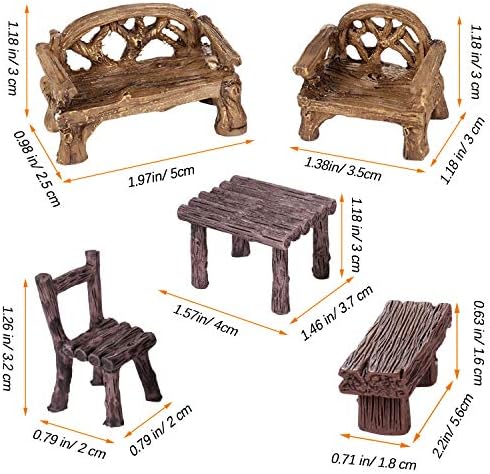 Skylety 12 Pieces Garden Furniture Ornaments Miniature Table and Chairs Set Village Micro Resin Bench Chair for Fairy Garden Accessories Home Micro Landscape Decor(Vintage Style) - Image 2