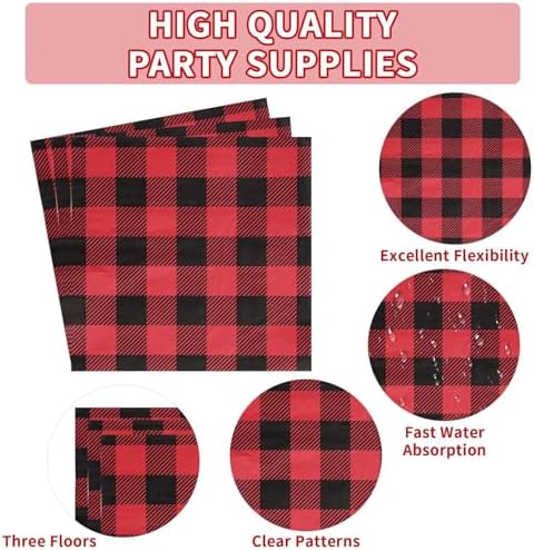 Grencian 96 Pcs Red Black Buffalo Plaid Party Decorations, Serves 24 - Image 2