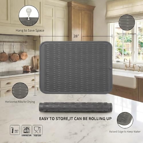 MicoYang Silicone Dish Drying Mat for Multiple Usage,Easy clean,Eco-friendly,Heat-resistant Silicone Mat for Kitchen Counter or Sink,Refrigerator or Drawer Liner Grey 3XL 28 inches x 18 inches - Image 2