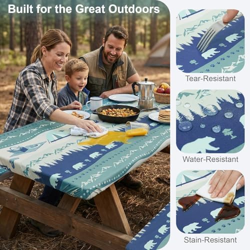 Picnic Table Cover with Bench Covers - Waterproof Fitted Tablecloth for 6 Ft Rectangle Tables, Windproof Elastic Edge Camping Essentials RV Accessories with Integrated Storage Bag - Image 3