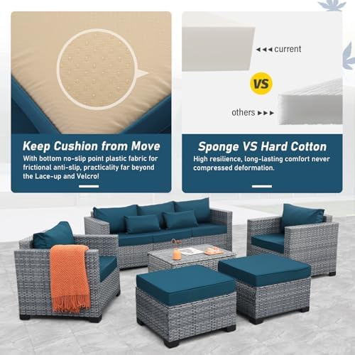 Lviden 6 Pieces Wicker Patio Furniture Sets Outdoor Conversation Set HDPE Rattan Sectional Sofa Couch with Storage Table and Non-Slip Cushions, Peacock Blue - Image 6