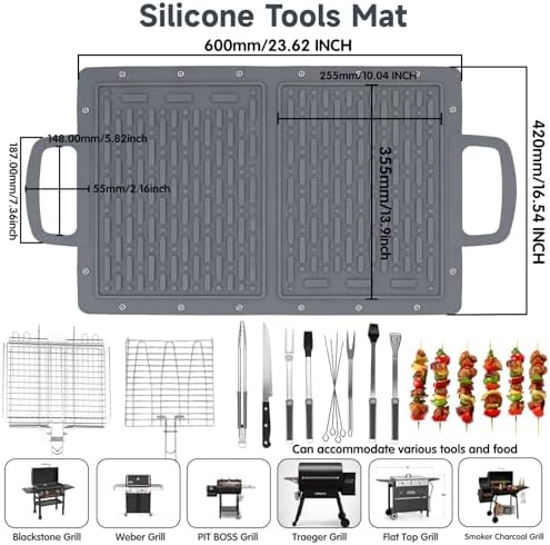 LIONROGE Large Silicone Grill Mat, Foldable Silicone Griddle Tools Spatula Mat with Drip Pad & Handle & Snap Buttons, Portable BBQ Side Shelf Mats Grill Pad for Blackstone Griddles Accessories,Gray - Image 4