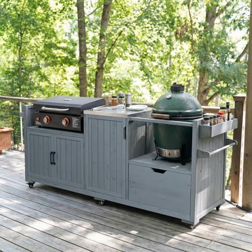 Outdoor Kitchen Island for Big Green Egg Grills, Grill Cart Table with Blackstone Griddle and Stainless Steel Top, Kitchen Storage Table with Cabinets and Drawer for 21"/28" Blackstone Griddle, Blue - Image 3