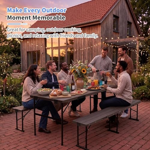 Polar Aurora Picnic Table Set with 2 Benches, 6 Feet Folding Camping Table Chair Set, Portable 3-Piece Outdoor Furniture with Wood Grain Top for Party, Picnic, Camping, Wedding (Brown) - Image 7