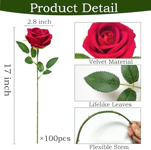 100Pcs Red Roses Artificial Flowers with Stems，Fake Roses Bouquet Fake Flowers Bulk，Silk Velvet Roses for Wedding Centerpieces Arrangement Baby Shower Birthday Home Decor Gifts - Image 4