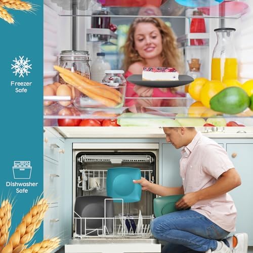Teivio 32-piece Plastic Wheat Straw Square Dinnerware Set for 8, Unbreakable Dinner Plates, Salad Plates, Snack Bowls, Tumblers 13.5 oz, Dishwasher Safe, Outdoor RV Dishes, Coastal Multicolor - Image 4