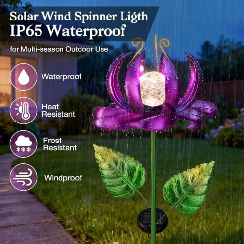 Garden Decor Solar Wind Spinners- Metal Lotus Flower Yard Lights LED Crackle Glass Globe Yard Art Sculpture Solar Stake Lights for Patio Pathway Lawn Walkway(Purple-Large) - Image 5