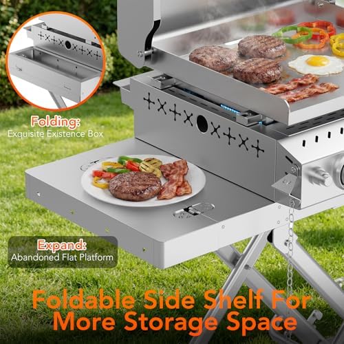 Heavy-Duty 3-Burner Propane Gas Griddle, Portable Griddle with Collapsible Stand, Full Stainless Steel Construction, 24,000 BTU Flat Top Gas Grill Griddle for Camping, Tailgating, Backyard & Patio - Image 5