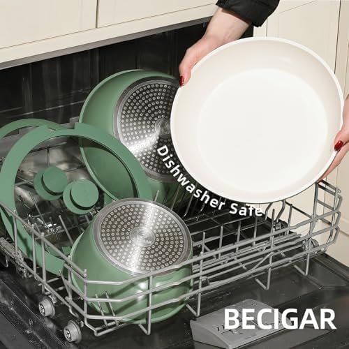 BECIGAR 23pcs Ceramic Pots and Pans Set, Nonstick Detachable Handle Cookware, Induction Kitchen Cooking Set, Include Frying Pans & Saucepans Oven Safe(Green) - Image 6