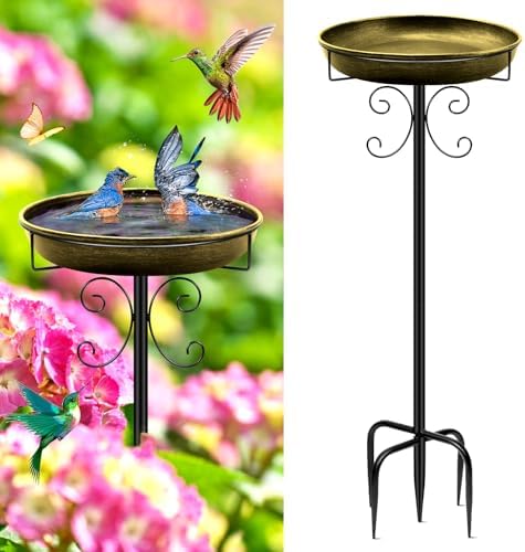 Daoeny 35In Metal Bird Bath for Outside, Vintage Bird Bath Bowl, Detachable Birdbath & Birdfeeder with 5 Prongs Base Stake, Bird Baths for Outdoors Garden Yard Lawn Decor (Antique Golden) by Daoeny