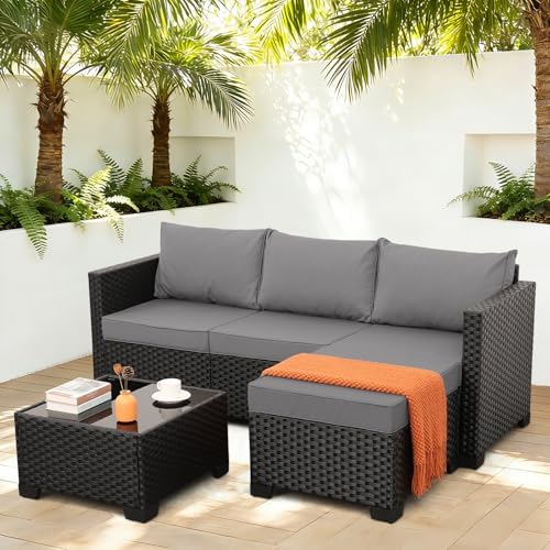 Oasishine Wicker Patio Furniture Patio Couch 3 Pieces Outdoor Sectional with Ottoman and Outdoor Glass Table Weathering Anti-Slip Cushions Furniture Covers, Light Grey by Unknown